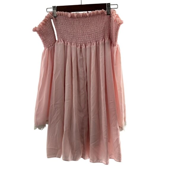 Shein Pink Off-Shoulder Smocked Mini Dress Lace Trim Sleeve Peasant Fairy Medium - Picture 8 of 11